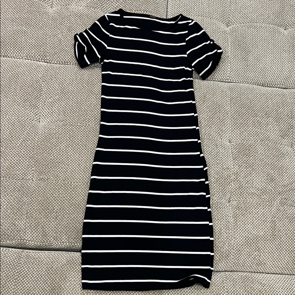 Poof! Black and White Striped Midi Dress
